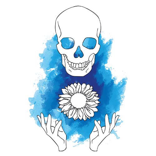 Calavera con un girasol sobre una acuarela azul.