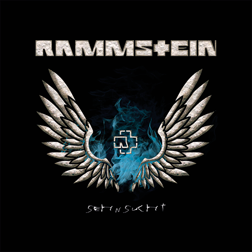 Portada alternativa para un álbum de Rammstein. Son dos alas de piedra y el logotipo de piedra sobre una llama azul.